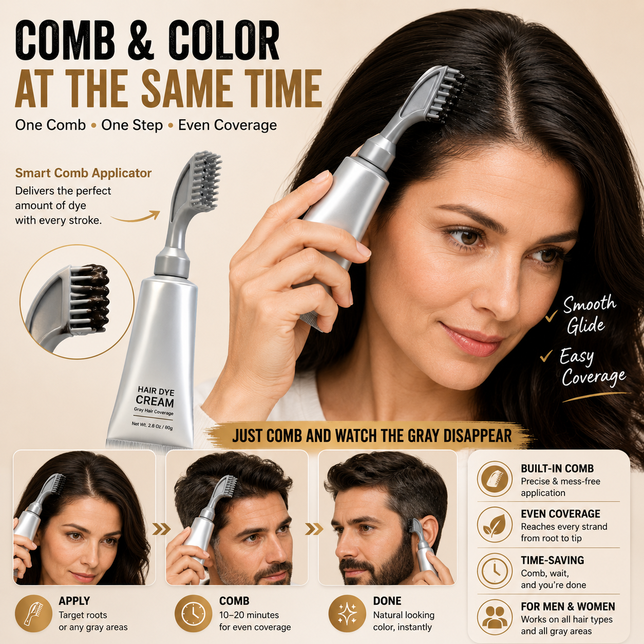 Instant Gray Coverage Hair Dye Comb — For Men & Women