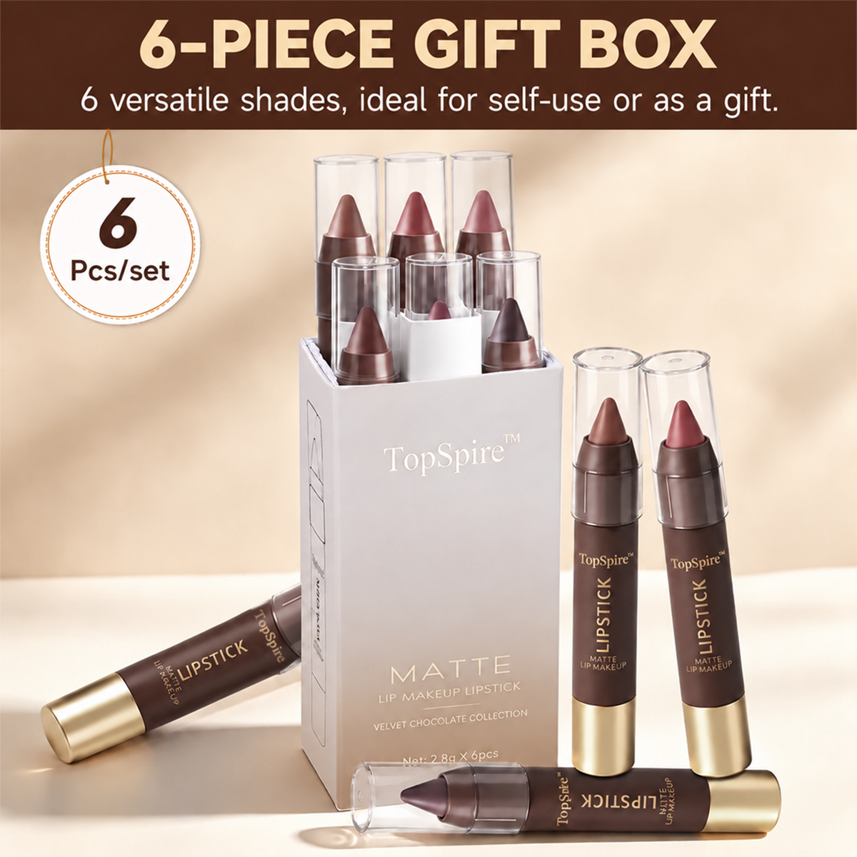 6PCS/Set Luxury Matte Lipstick – Soft Velvet Finish & All-Day Color