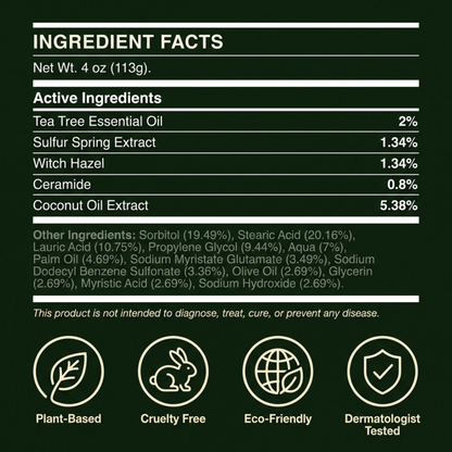 NAIA Ironbark Relief & Clear Bar soap with natural ingredients, showing the bar’s textured surface and packaging details.