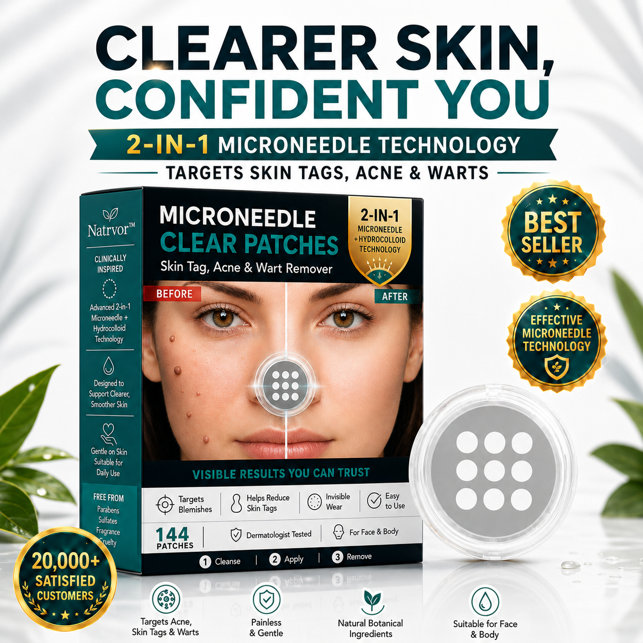 ✨Tenviro®2-in-1 Microneedle & Hydrocolloid Patch🍀| Removes Raised Moles, Acne, Flat Warts & Skin Tags | Helps Improve Wrinkles, Scars & Blemishes | Invisible Patches for Face & Body