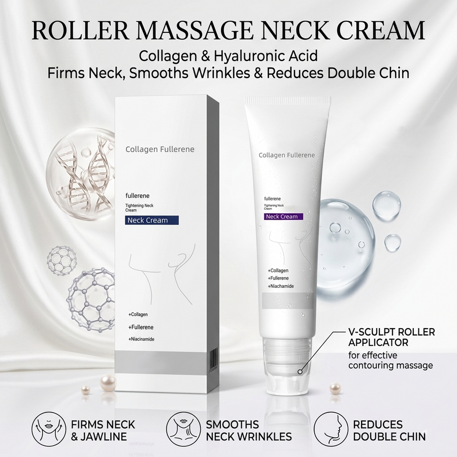 Roller Massage Neck Cream 🧴 Collagen & Hyaluronic Acid | Firms Neck, Reduces Wrinkles & Double Chin
