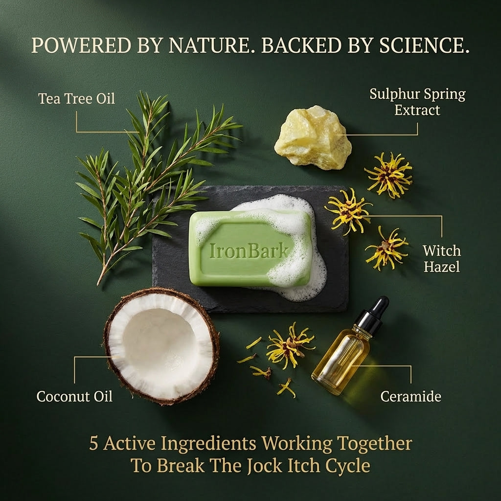 NAIA Ironbark Natural Antifungal Soap Bar with dark brown, textured surface and branding, designed for skin health and hygiene.