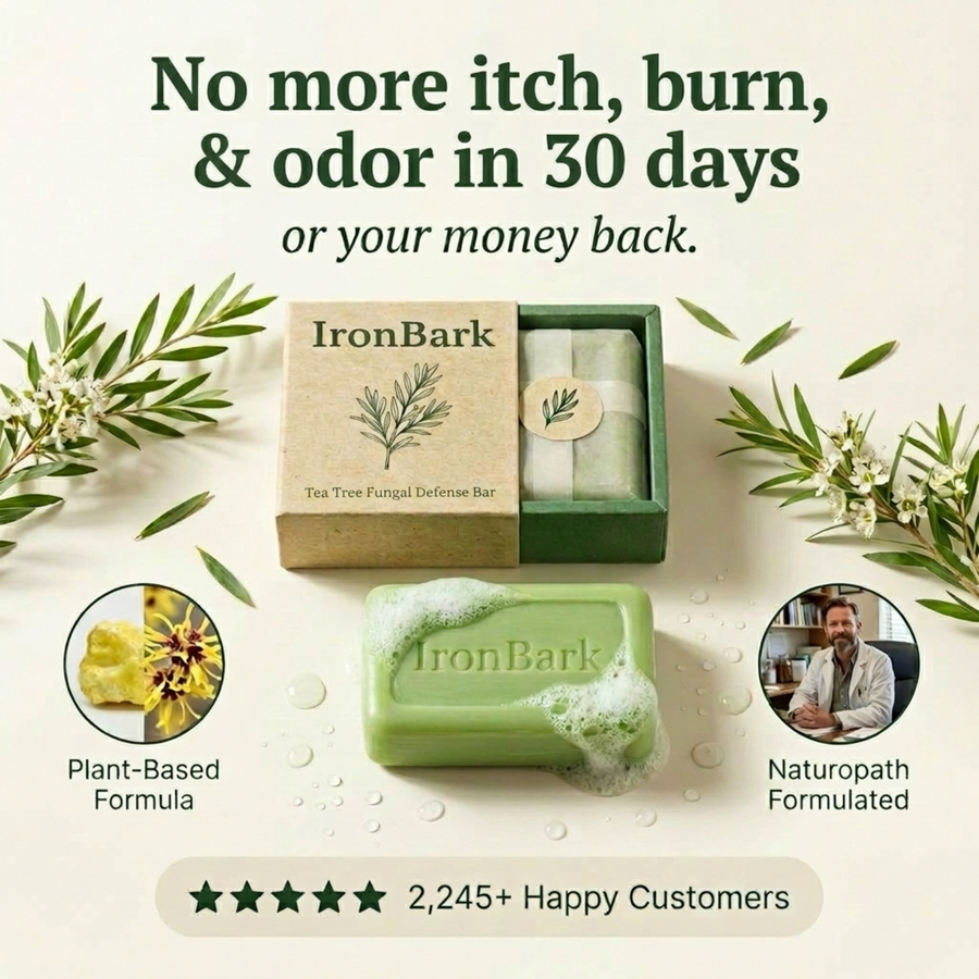 NAIA Ironbark Relief & Clear Bar soap with natural ingredients, shown with the soap bar and packaging in a clean setting.