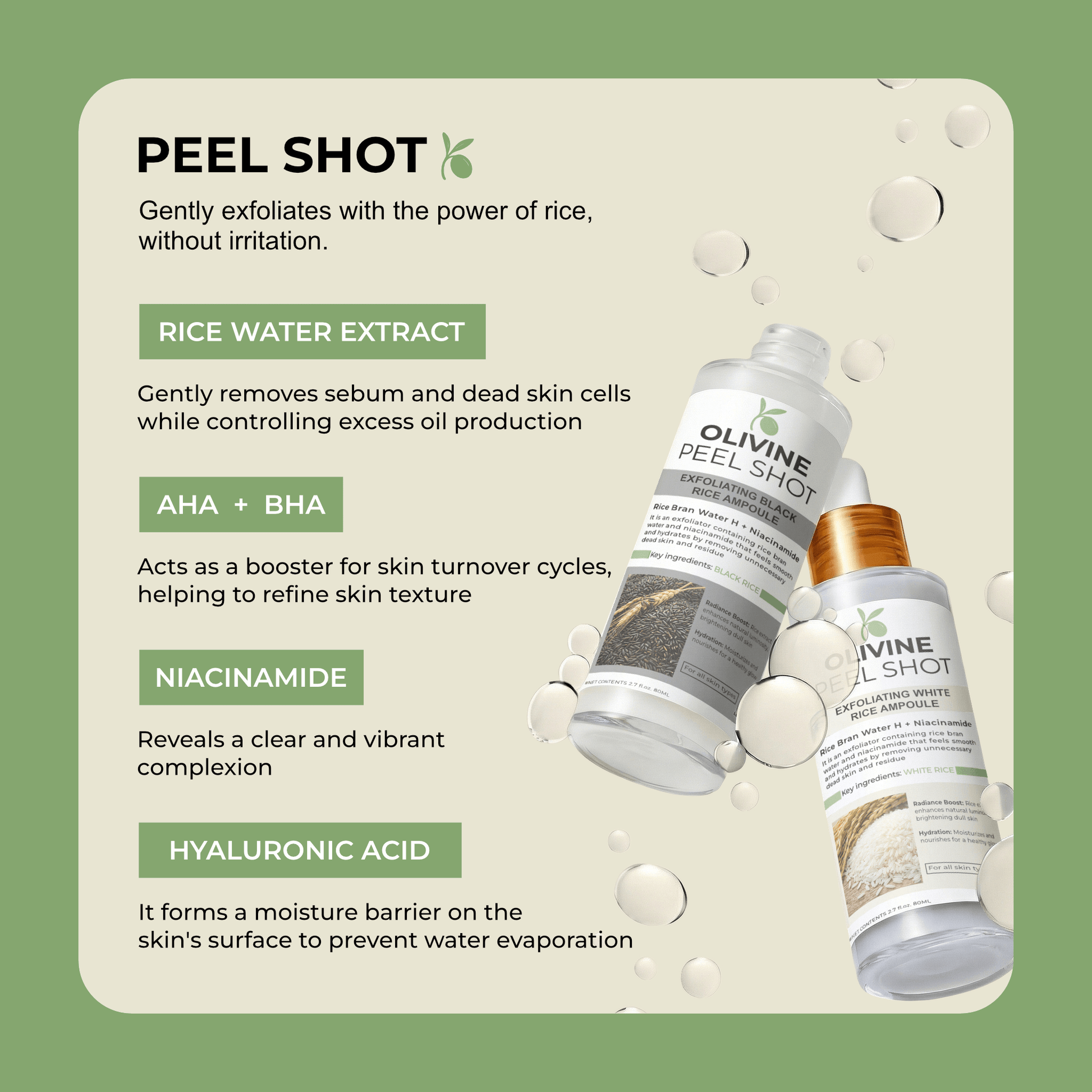 Olivine Beauty Peel Shot exfoliating ampoule ingredients including rice extract AHA BHA niacinamide and hyaluronic acid